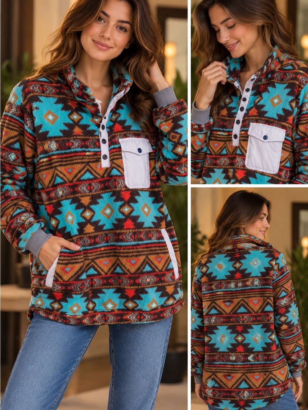 Southwestern Aztec Fleece Pullover XXL Turquoise Western Boho
